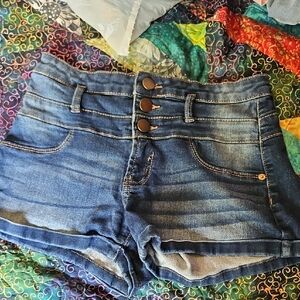 No Boundaries Dark Blue High-Waist Denim Shorts with Triple Button